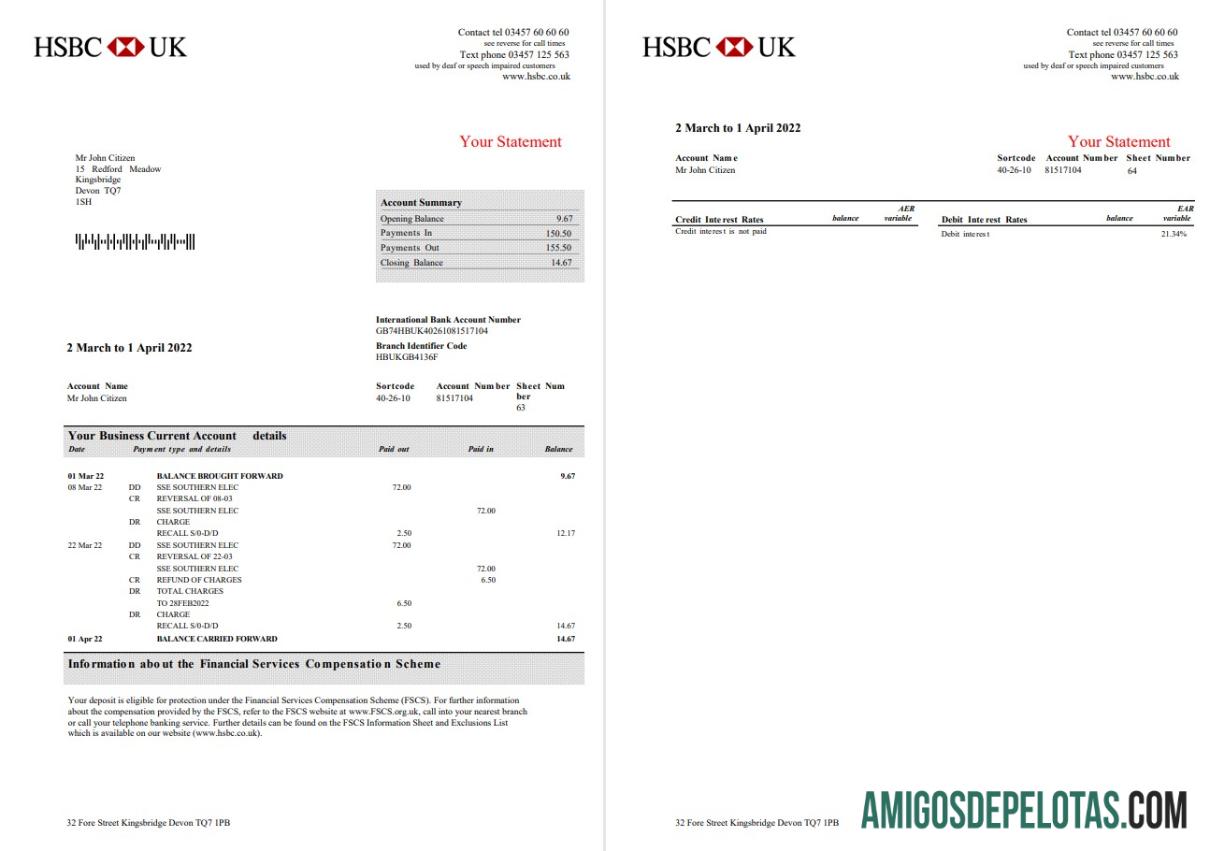 em branco Reino Unido HSBC Bank Business Account Extracto modelo Word e PDF, 3 páginas